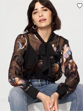 White House Black Market Floral Silk Burnout Tie-Neck Blouse